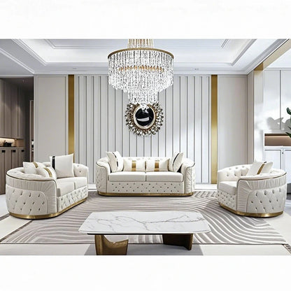 Factory Outlet European Luxury Rose Gold Leg White Chesterfield Sofa Velvet Fabric Button Tufted Living Room Couch Set Furniture