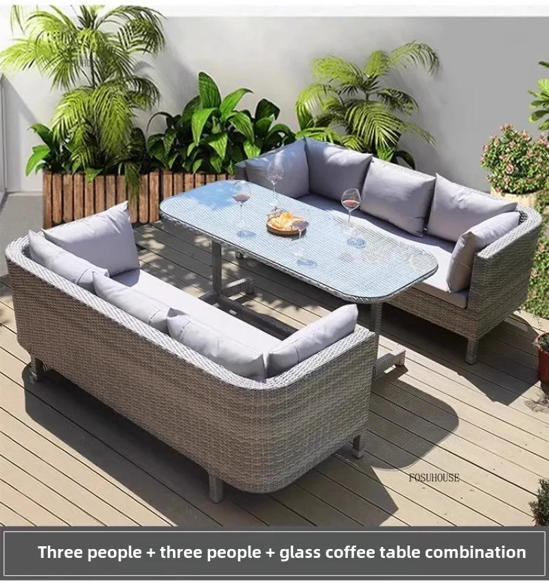 European Outdoor Garden Sofas Leisure PE Rattan Garden Terrace Sofa Chair Set Courtyard Balcony Double Sofa Outdoor Furniture AA
