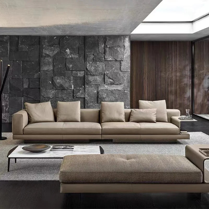 Italian minimalist leather sofa, light luxury size and size, in-line three-seat first-floor cowhide living room furniture