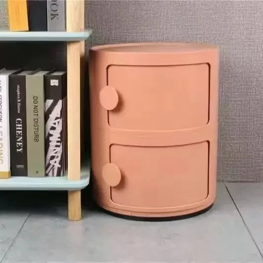 Plastic Round Nightstand Bedside Table Cabinet with Sliding Doors Round Storage Bedside Cabinet Nightstand  for Living Bedroom