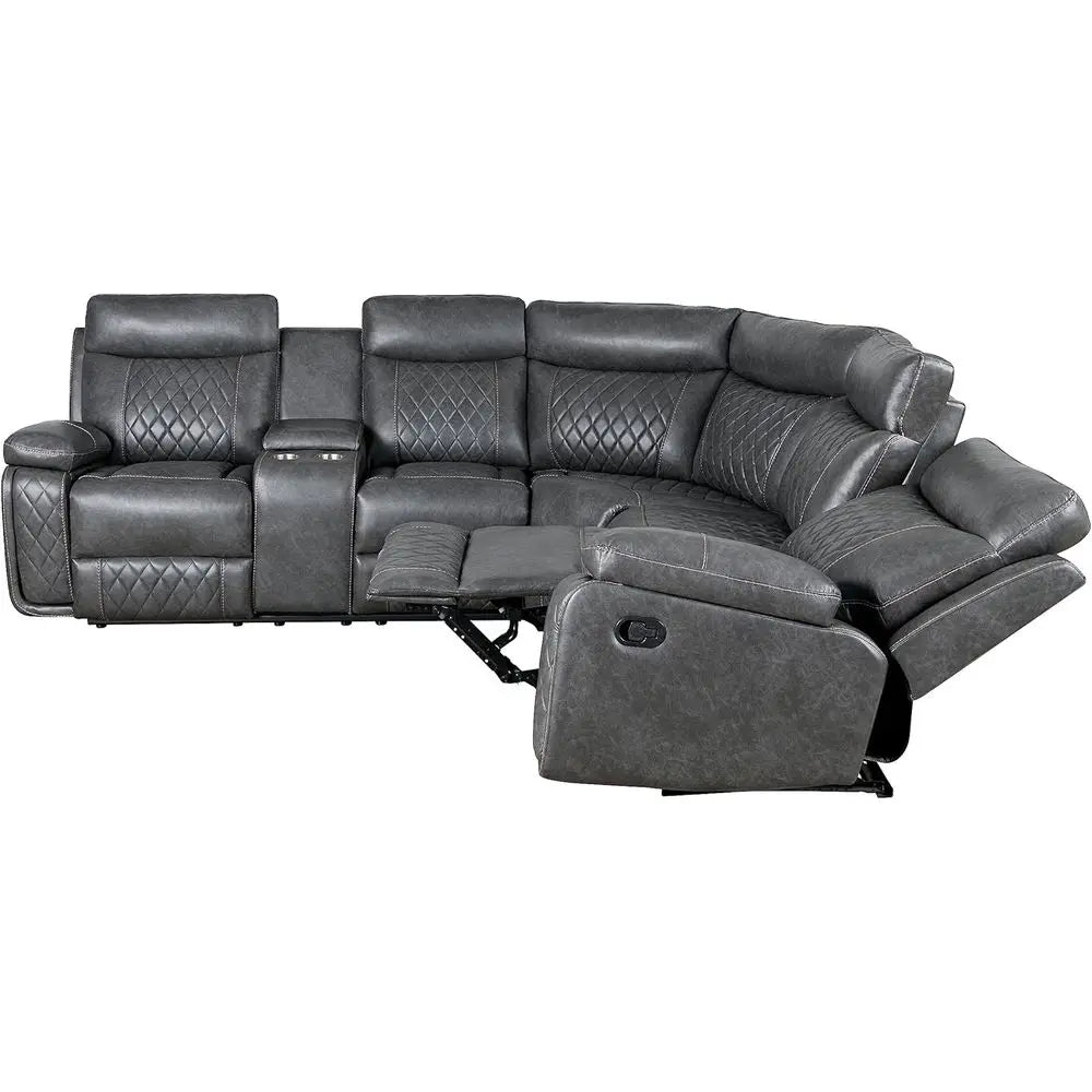 Manual Reclining L-Shaped Leather Sectional Sofa with Storage and Cup Holders for Home Theater Living Room