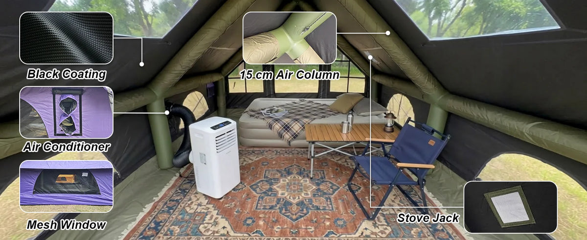 129 Sq Ft Large Inflatable Camping Tent Waterproof Oxford Air Tent House with Hand Pump 4 Season Sunproof Glamping Family Tent