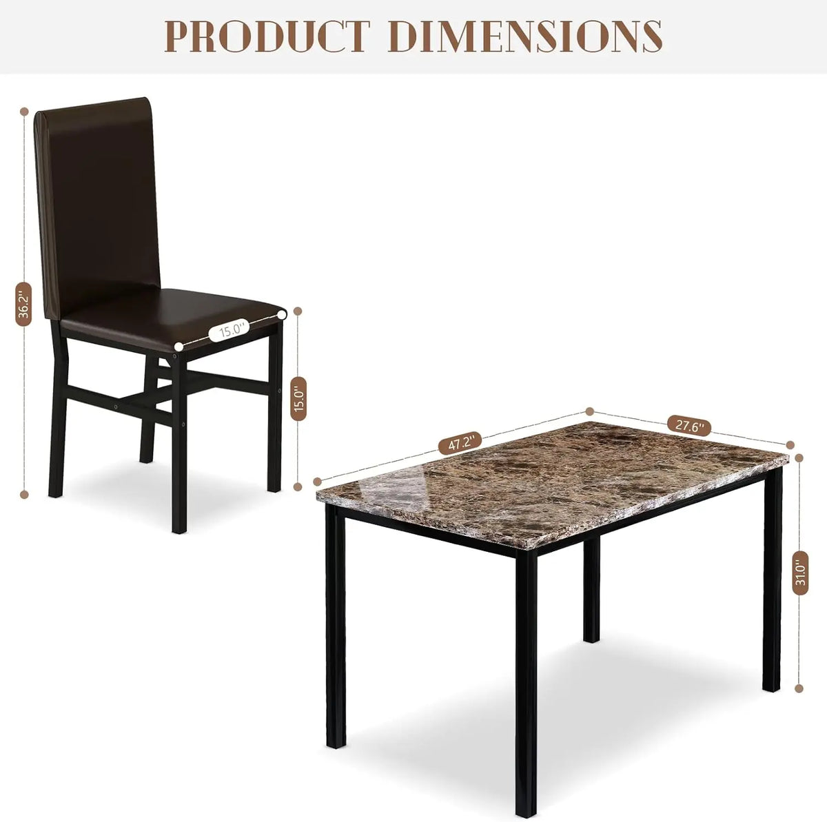 Faux Marble Dining Table Set for 4, PU Leather Chairs, Modern Kitchen Table & Chairs, Coffee Color