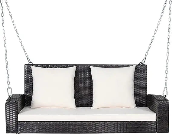 Two-Seat Outdoor Patio Rattan Wicker Swing with 7.9 Ft Steel Chains and Comfortable Backrest for Relaxation