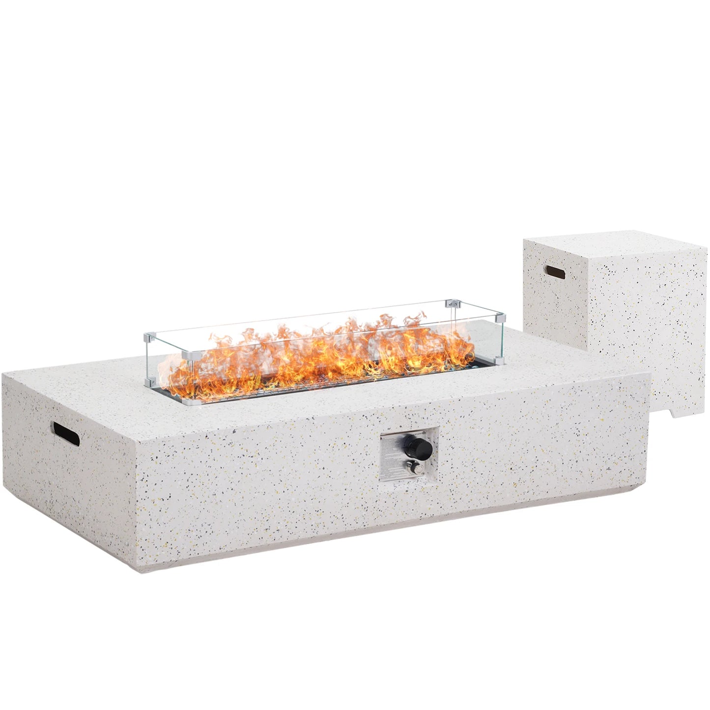3-Piece Outdoor Propane Fire Table Set, Rectangle Concrete 56-inch x 28-inch Gray(50,000 BTU) w 20lb Tank Table, Wind Glass