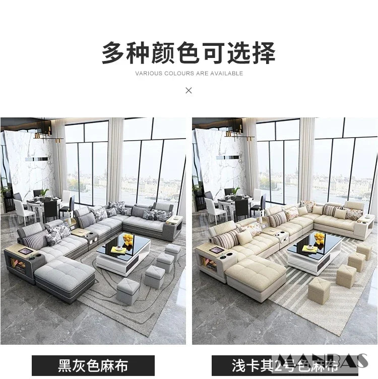 MANBAS Modern U-Shaped Fabric Sectional Sofa Set with Storage, Cup Holders, Speaker, USB, Bookshelf and Stools for Living Room