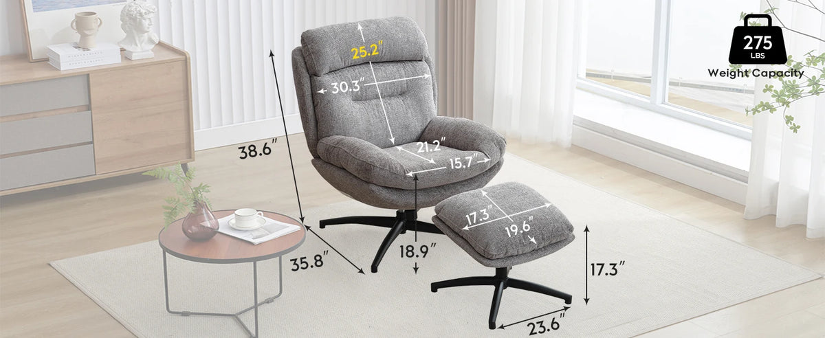 TODRANI 360° Swiveling Tilting Chenille Accent Chair with Ottoman Comfy Modern Armchair for Living Room Reading TV Lounge Chair