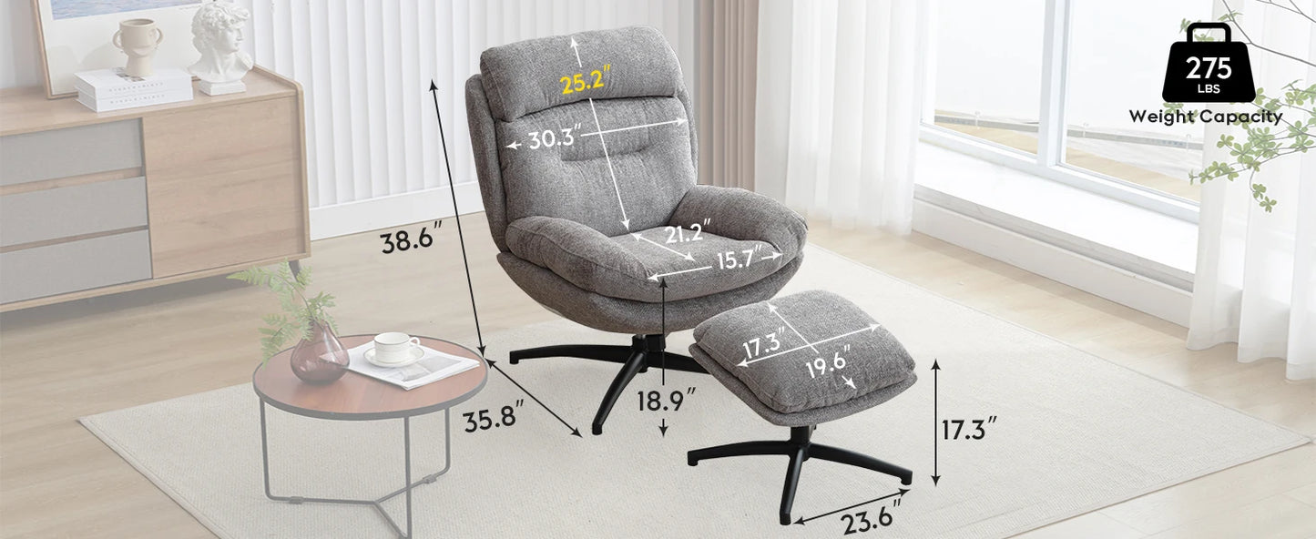 TODRANI 360° Swiveling Tilting Chenille Accent Chair with Ottoman Comfy Modern Armchair for Living Room Reading TV Lounge Chair