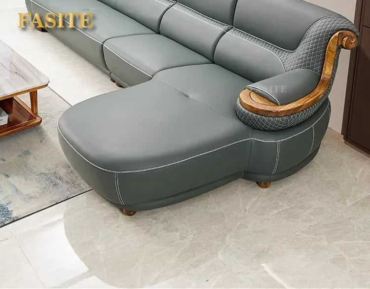 Modern simple ebony leather sofa new Chinese living room size apartment solid wood first layer cowhide new combination