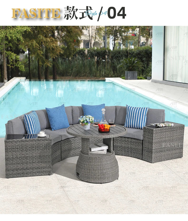 Sofa, courtyard, garden, leisure, outdoor living room, semi circular curved rattan chair, terrace, outdoor furniture combination