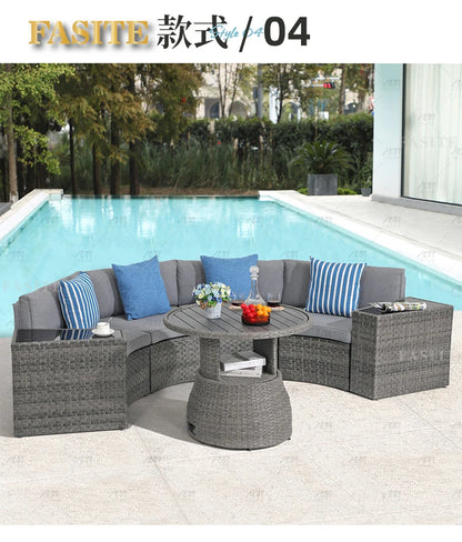 Sofa, courtyard, garden, leisure, outdoor living room, semi circular curved rattan chair, terrace, outdoor furniture combination