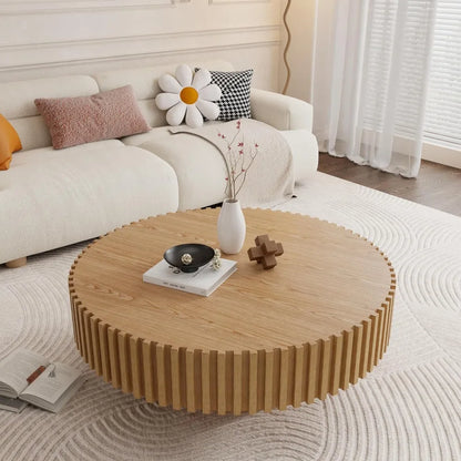 39.4" Oak Round Coffee Table Wood, Modern Drum Fluted Circle Coffee Table for Living Room, Contemporary Low Center Table Side Ta