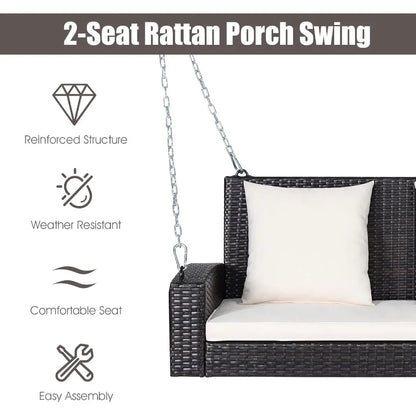 2Person Wicker Porch Swing Patiojoy Outdoor Rattan Hanging Swing Bench with 2 Back Cushions and 1 Seat Cushion Sturdy Steel Cha