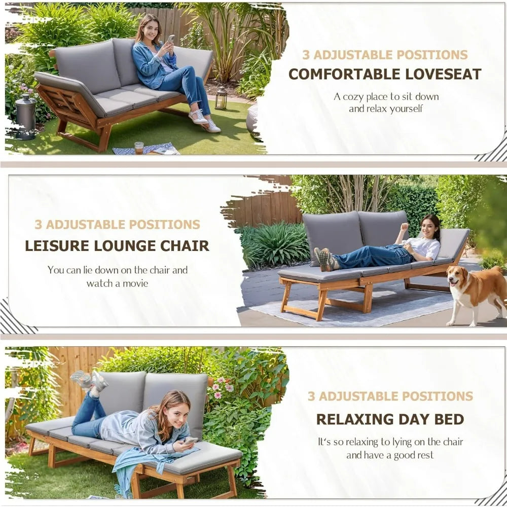 Devoko Outdoor Couch Acacia Wood Patio Couch with Adjustable Armrests Outdoor Convertible Sofa with Removable Cushions & Pillows