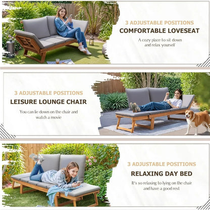 Devoko Outdoor Couch Acacia Wood Patio Couch with Adjustable Armrests Outdoor Convertible Sofa with Removable Cushions & Pillows