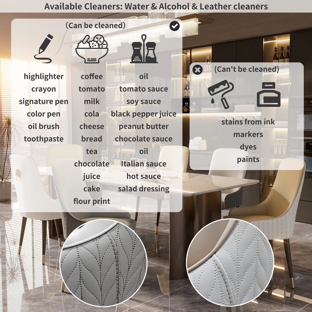 Modern PU Leather Set of 2 Dining Chairs with Metal Legs High Tufted Back Lion Head Pull Ring