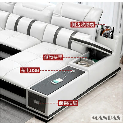 Modern Genuine Leather Sofa Living Room By MANBAS - Stylish Italian Couch with Bluetooth Speaker, USB & Adjustable Headrests