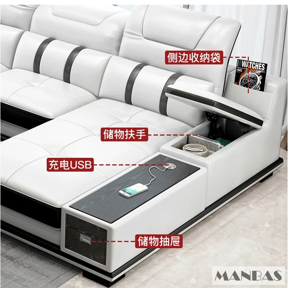 Modern Genuine Leather Sofa Living Room By MANBAS - Stylish Italian Couch with Bluetooth Speaker, USB & Adjustable Headrests