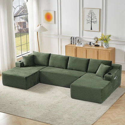 133.5" Boneless Sectional Couch with Cup Holder, U Shaped Sofa with Chaise, Oversized Modular Couch with Deep Seat, Comfy Cordur