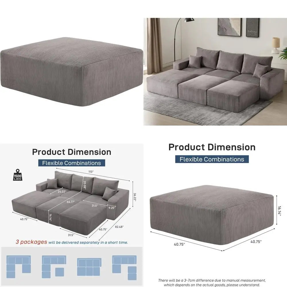 Modern Sectional Sleeper Sofa Bed 3-Seater Grey Lounge Couch Corduroy Convertible Sponge Compression Modular Sofas Chaise Home