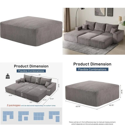 Modern Sectional Sleeper Sofa Bed 3-Seater Grey Lounge Couch Corduroy Convertible Sponge Compression Modular Sofas Chaise Home