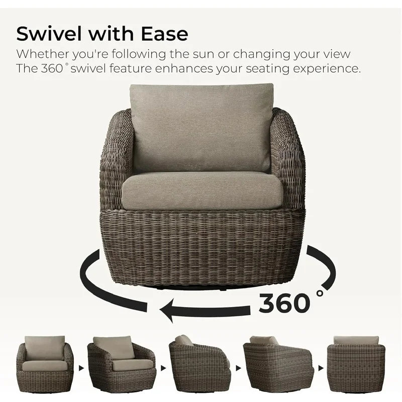 Swivel Rattan Chair with Removable Cushions for Outdoor Use, Perfect for Patios, Decks, and Sunrooms, Gray Cushions Included