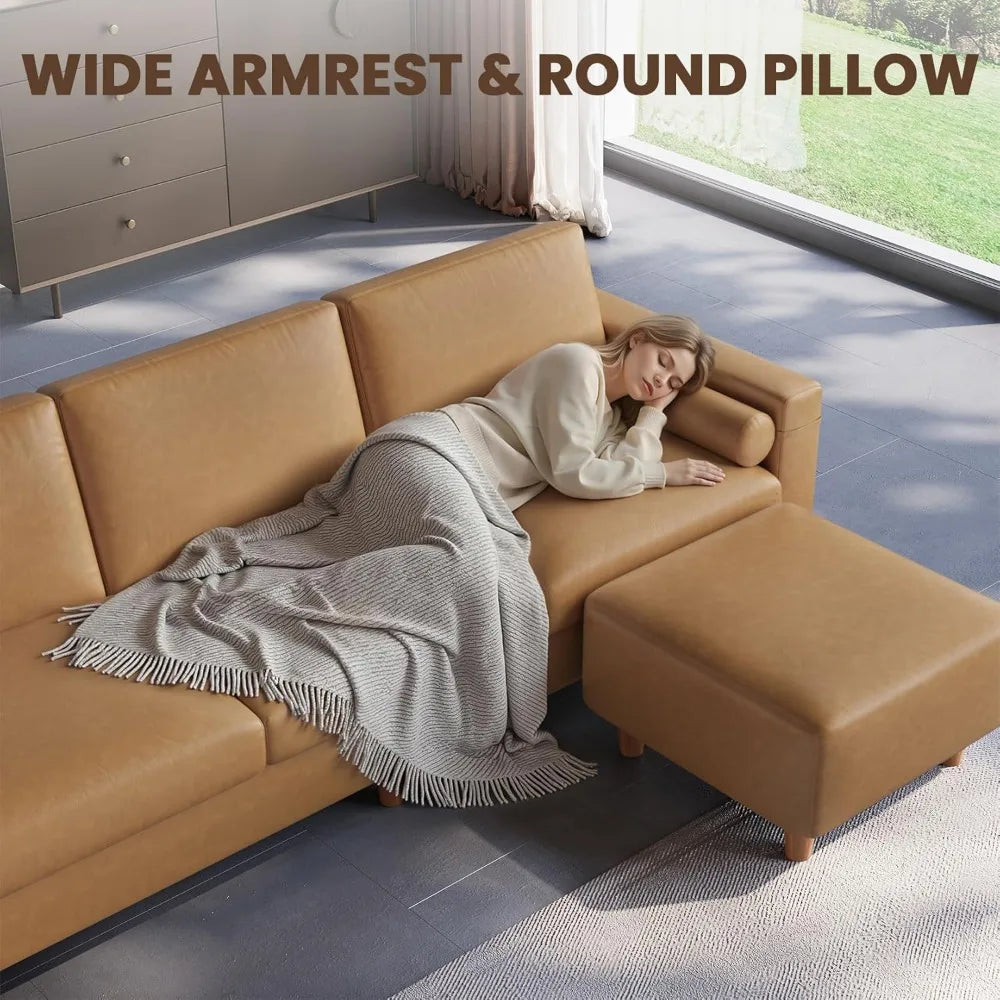 100 Faux Leather Couch with Movable Ottoman, 3 Seater L Shaped PU Leather Sofa with Side Pocket, Comfy Mid Century Mod