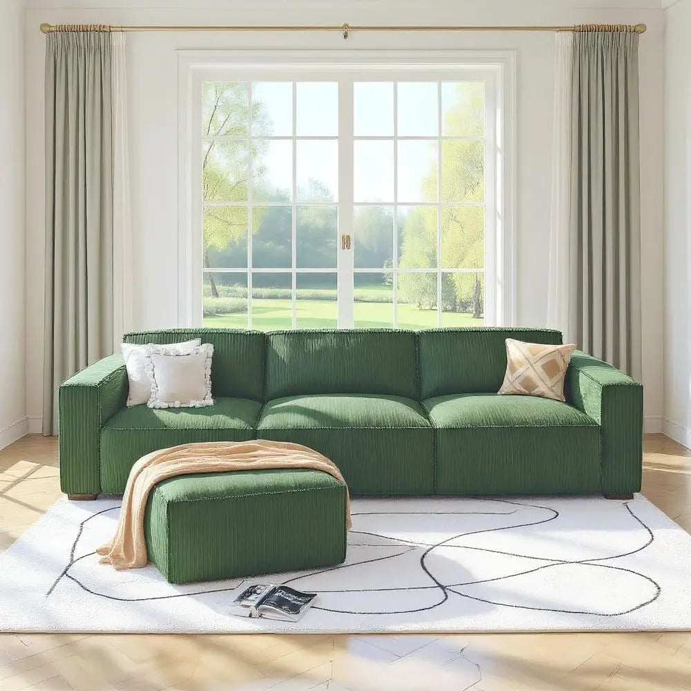 L-Shape Sectional Couch with Chaise & Ottoman, Deep Seat Sofa, Living Room/Bedroom, Ready to Use, Green Corduroy