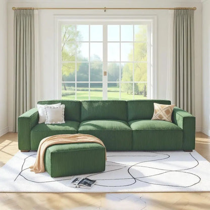 L-Shape Sectional Couch with Chaise & Ottoman, Deep Seat Sofa, Living Room/Bedroom, Ready to Use, Green Corduroy