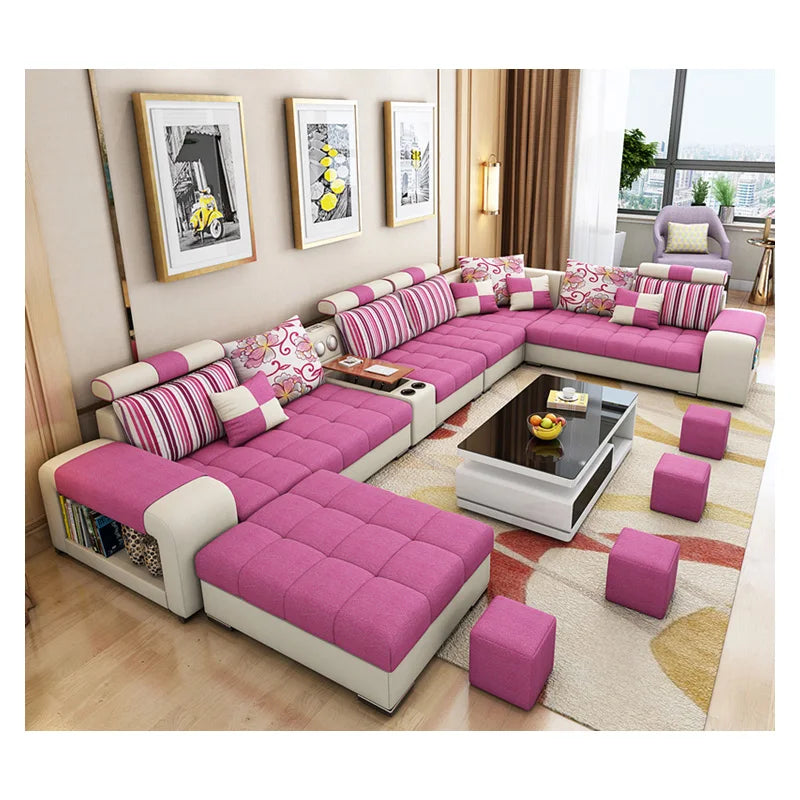 Modern Fabric Sofa Set Furniture Living Room Sofa Set with USB and Stools U Shape Cloth Couch Sofas for Home Furniture 1903