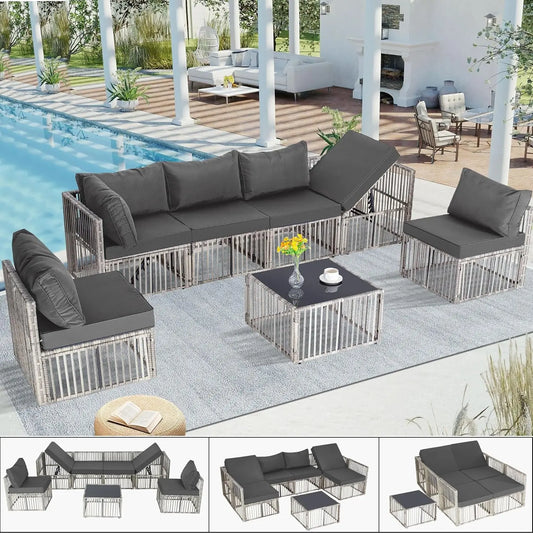 7 Pieces Outdoor Patio Furniture Set, Wicker Outdoor Sectional Conversation Couch Set with Adjustable Backrest Sofa