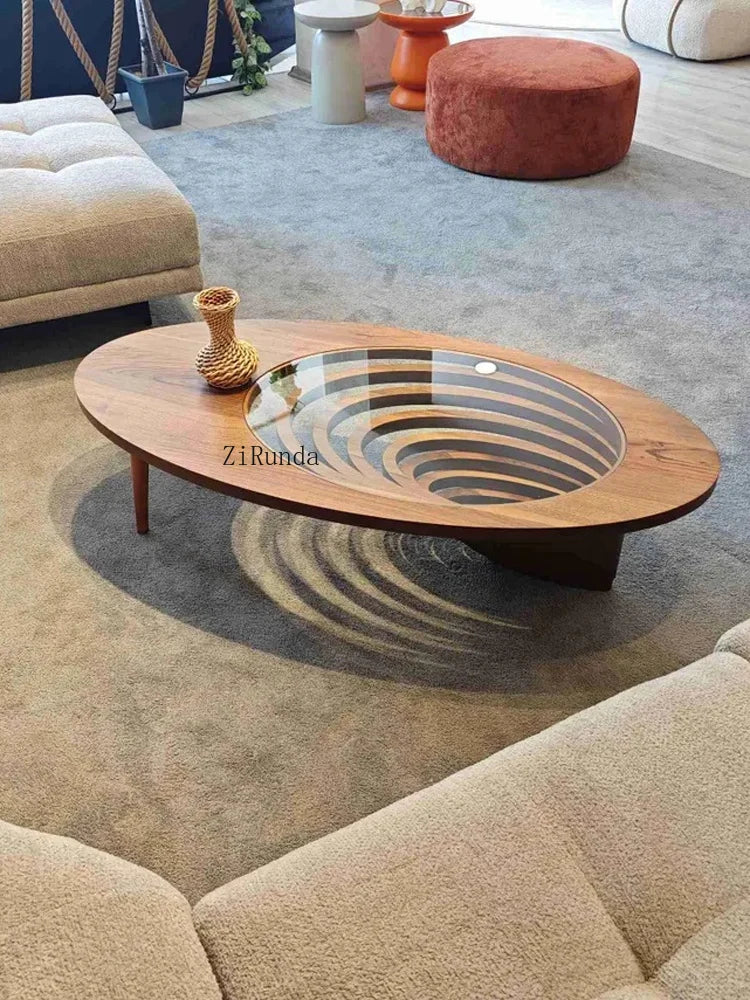 Table basse moderne en bois massif pour petit appartement, table à thé ovale de luxe haut de gamme pour salon