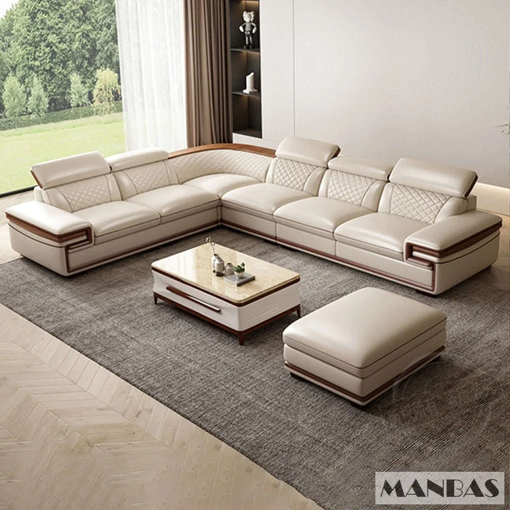 MINGDIBAO Premium Italian Genuine Leather Sofa Set for Living Room with Adjustable Headrests and Built-in Bluetooth Speaker, USB