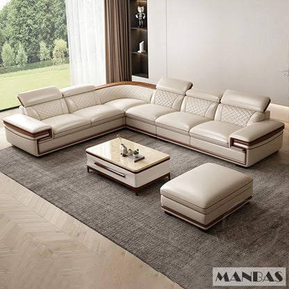 MINGDIBAO Premium Italian Genuine Leather Sofa Set for Living Room with Adjustable Headrests and Built-in Bluetooth Speaker, USB