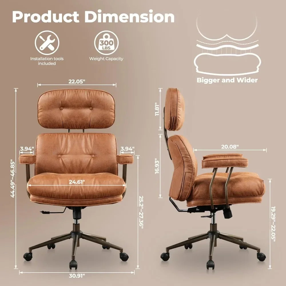 Ergonomic Home Office Chair, Mid-Century Modern Faux Leather Chairs with Thickened Cushions, Comfy High Back Swivel Rolling Exe