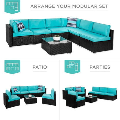 7-Piece Modular Outdoor Sectional Wicker Patio Conversation Set w/ 2 Pillows, Coffee Table, Cover Included - Black/Teal