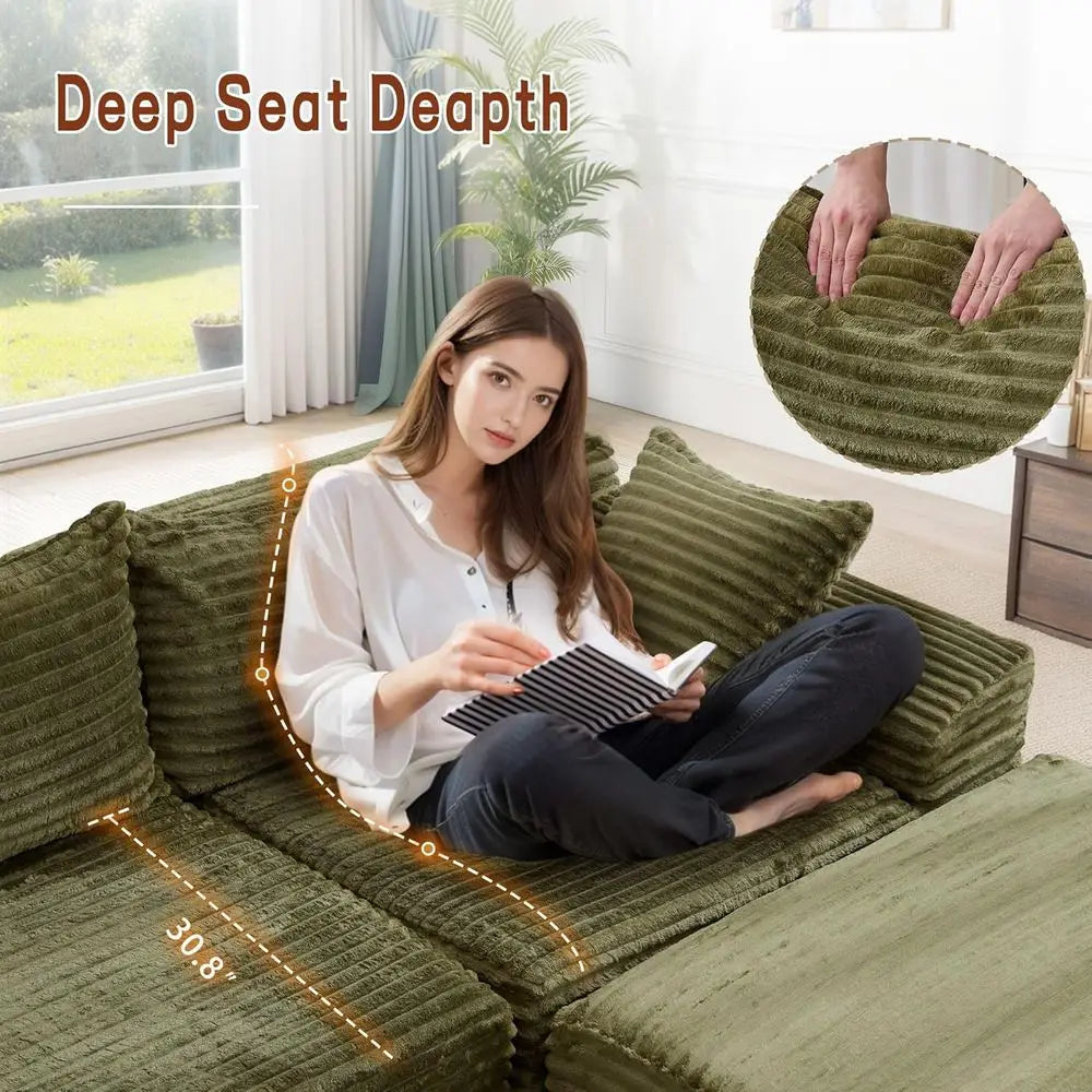 L-Shaped Modular Couch, Cloud-Soft Sectional Sofa with Chaise, Plush Corduroy, Deep Seating, Side Pockets, Ready to Use
