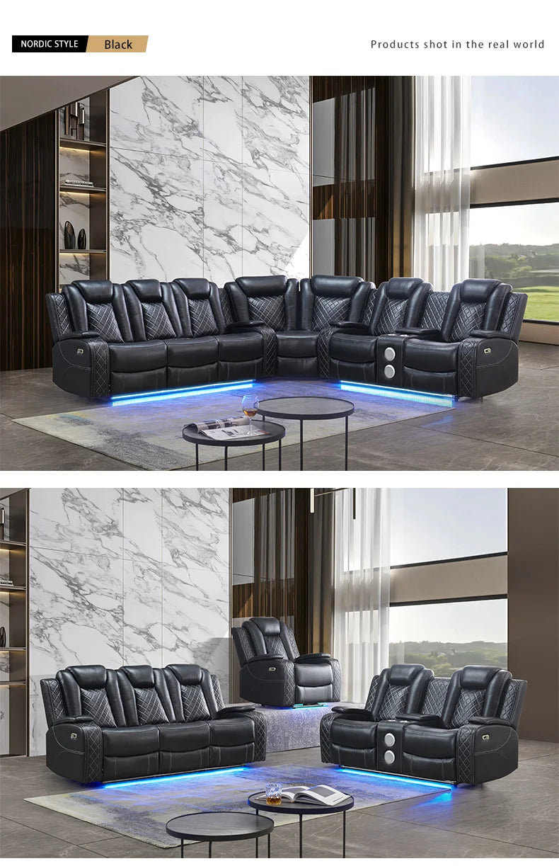 Power Reclining Sofa Couch with Wireless Charger 3 Seaters Recliner  Reading Light Leather Bluetooth Speaker Theater Seating LED