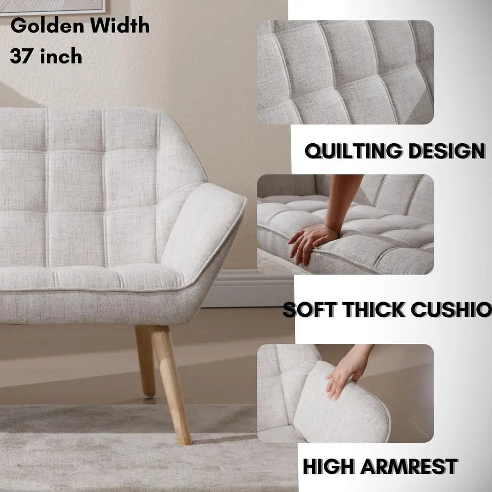 Loveseat Sofa, Modern Linen Upholstered Mini Couch 2Seater Fluffy Love Seat with Quilting Backs and Wood Legs for Small Space L