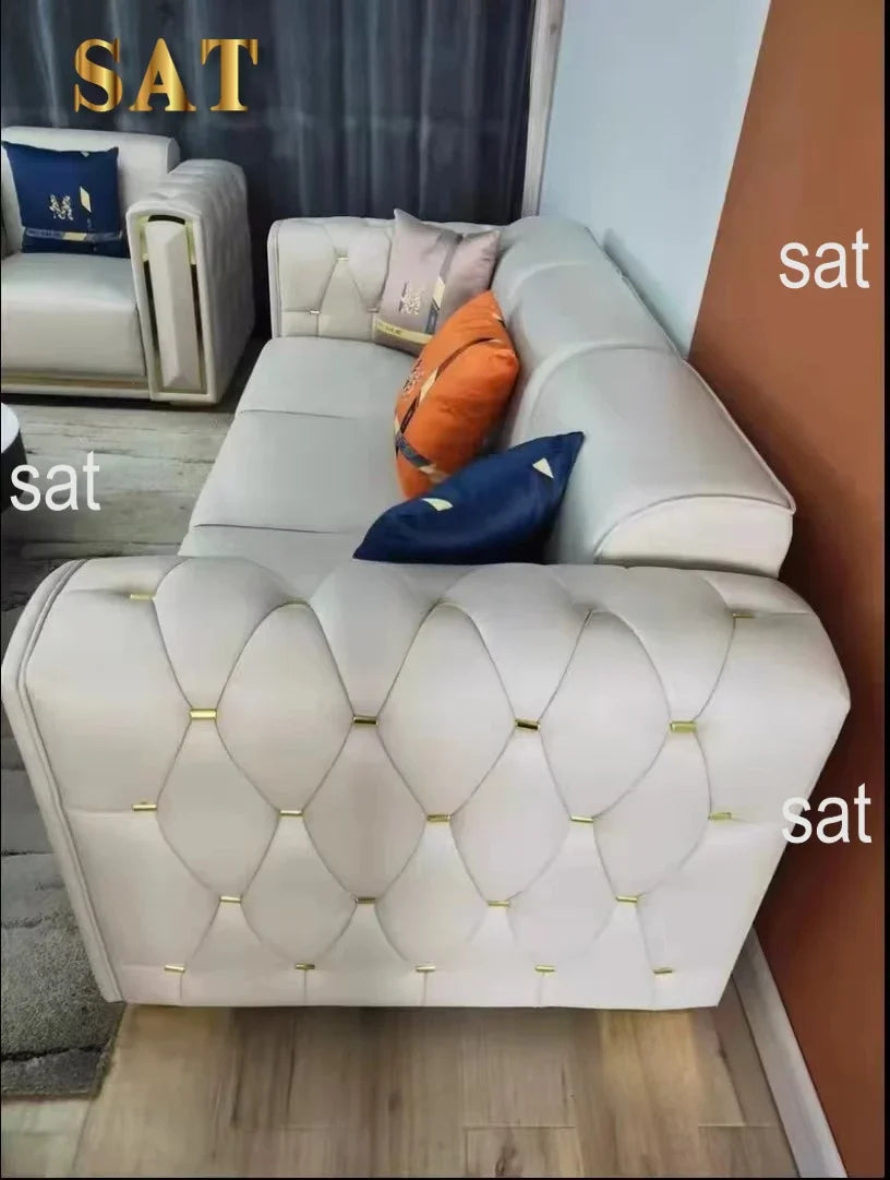 -Modern Luxury High-end Living Room Sofa Set Furniture Upholstered Full Leather Button Tufted Sofa Home