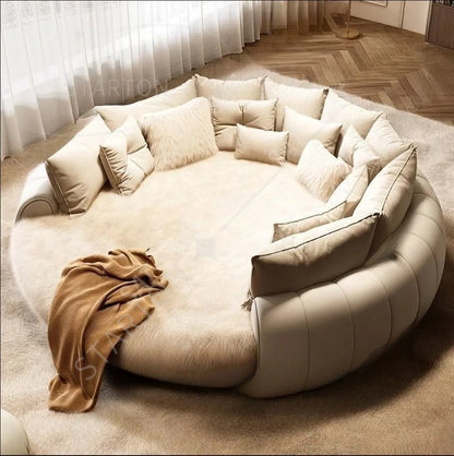 Design Round Bed Frame Nordic Twin Queen Bed Room Furniture Set Upholstered Beige Tufted Boucle Fabric Double Marshmallow