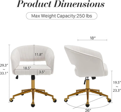 Modern Velvet Swivel Desk Chair, Height Adjustable Armchair with Gold Base, Ergonomic Office Chair for Home Office, Cream