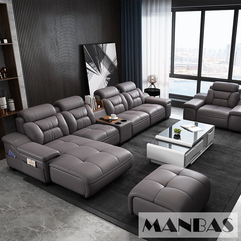 MANBAS Italian Genuine Leather Sectional Sofa with USB Charging, Bluetooth Speaker and Projector - Perfect for Your Living Room