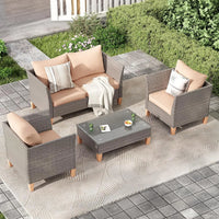5-Piece Patio Furniture Set, Thickened Rattan Sectional Outdoor Sofa with Glass Top Table, Reclined Backrest and, Customized