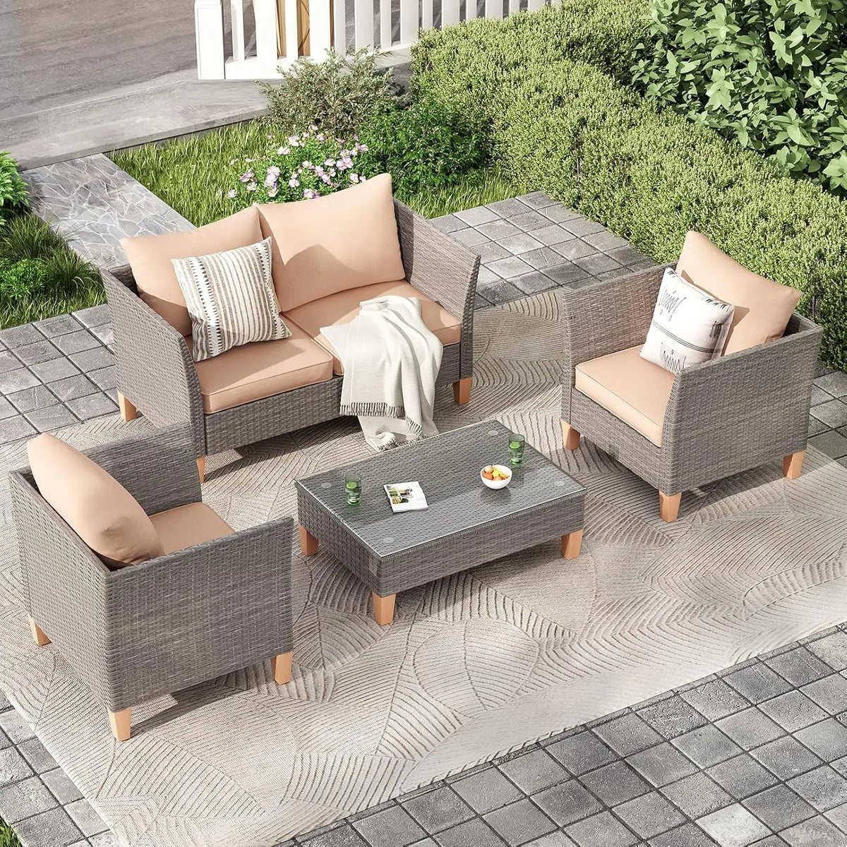 5-Piece Patio Furniture Set, Thickened Rattan Sectional Outdoor Sofa with Glass Top Table, Reclined Backrest and, Customized