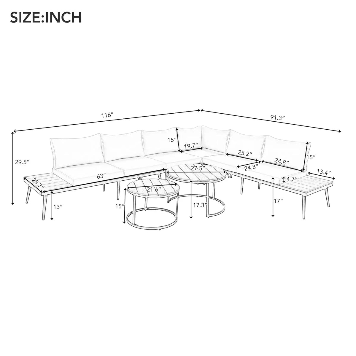 Modern Patio Furniture Set, 6-Piece Outdoor Sectional Sofa Set with Round Nesting Coffee Tables and Seating Sofa, Customized