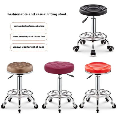 Black PU Leather Rolling Stool Round Swivel Stool with Wheels Height-Adjustable Seat for Salon Tattoo or Office Use