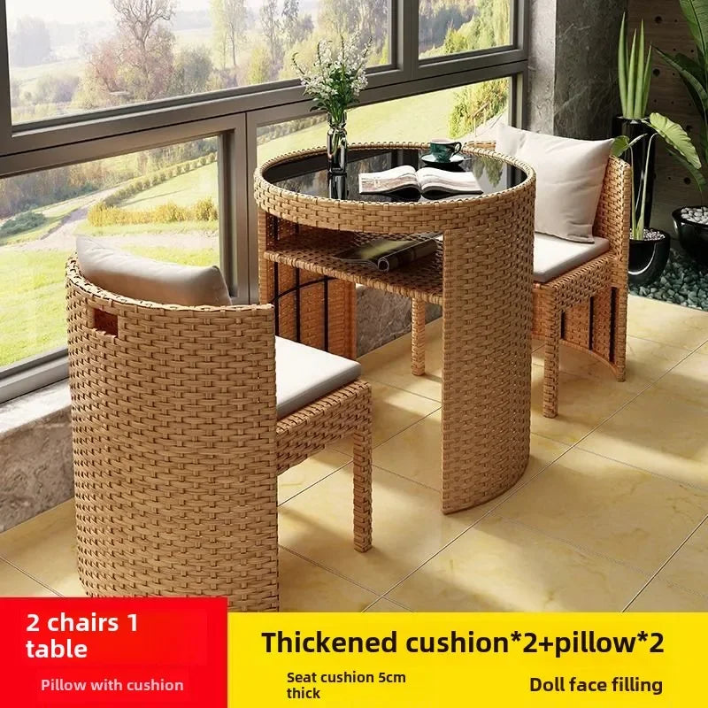 3 Pcs Cushioned Outdoor Wicker Patio Ergonomic Set Outdoor Small Space Furniture