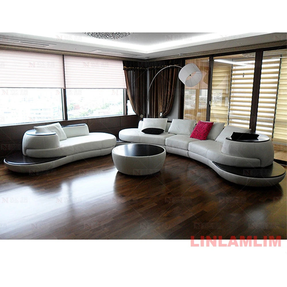 Luxury Modern Curved Genuine Leather Sofa Sectional Couch White and Black Design Living Room Contemporary Home Decoration