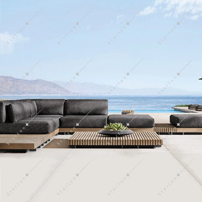 High Quality Solid Wood Teak Outdoor Patio Garden Sofas L-Shape Sectional Sofa Cushions for Villa Park Poolside Restaurant Use